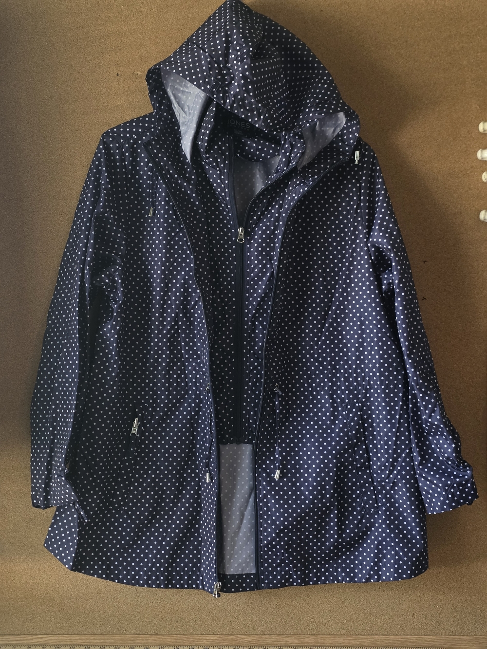 Jones New York Women's Hooded Rain Jacket Parka XL Navy Dot